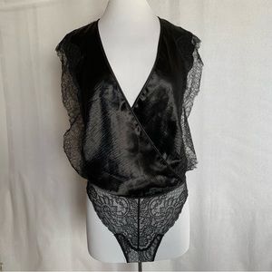 Victoria's Secret Black Satin Lace trim surplice sleeveless thong bodysuit SMALL